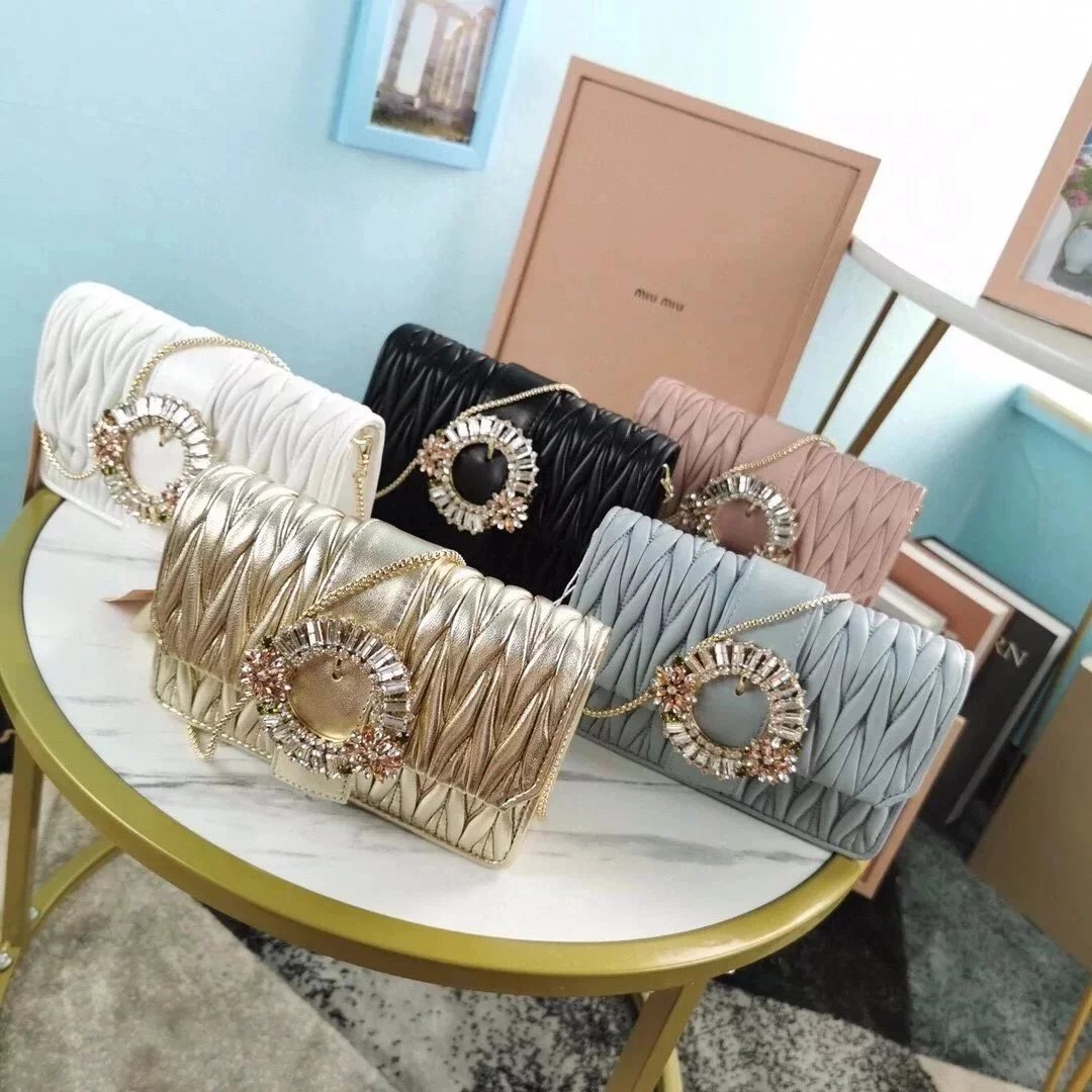 Miu Miu Bag Top version 【Pure Original Single Factory Production】2021New Ladies Matelasse Lamb Leather Bag Crystal Beaded Ring Little Daisy Drill Buckle Bag Shoulder Bag Crossbody Bag Chain Bag18cm5BH095