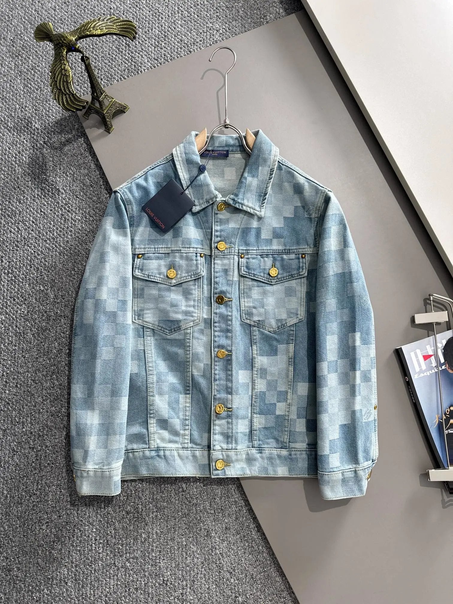Louis Vuitton LV Jackets Checkerboard Denim Jacket Fashion Simple Heavy Casual Short Denim Unisex Washed Vintage Turn-down Collar Jacket