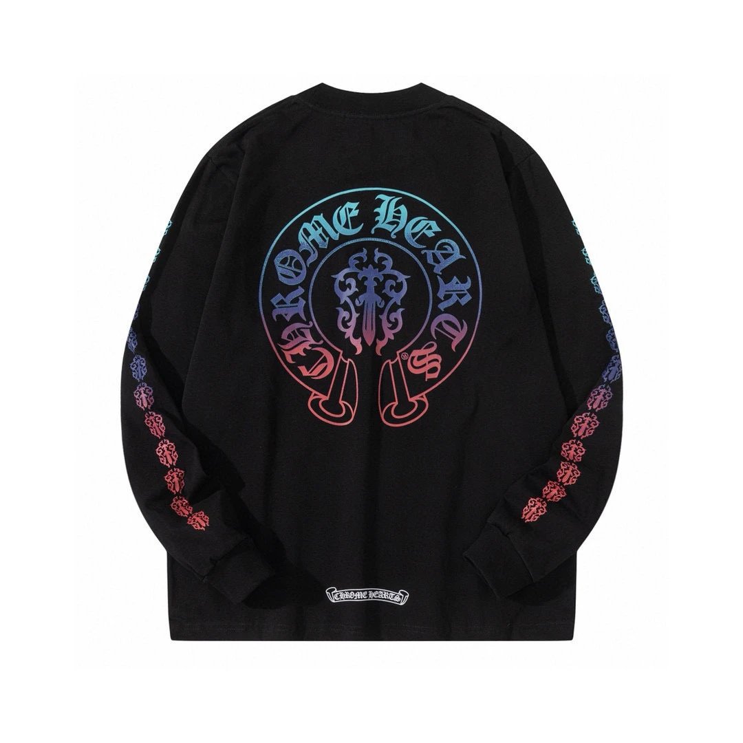 Chrome Hearts Hoodie Top Version2024New Fashion Brand Sanskrit Letter Printing Blue Letter Horseshoe Cross Pure Cotton Men's and Women's Long Sleeve T T-shirt