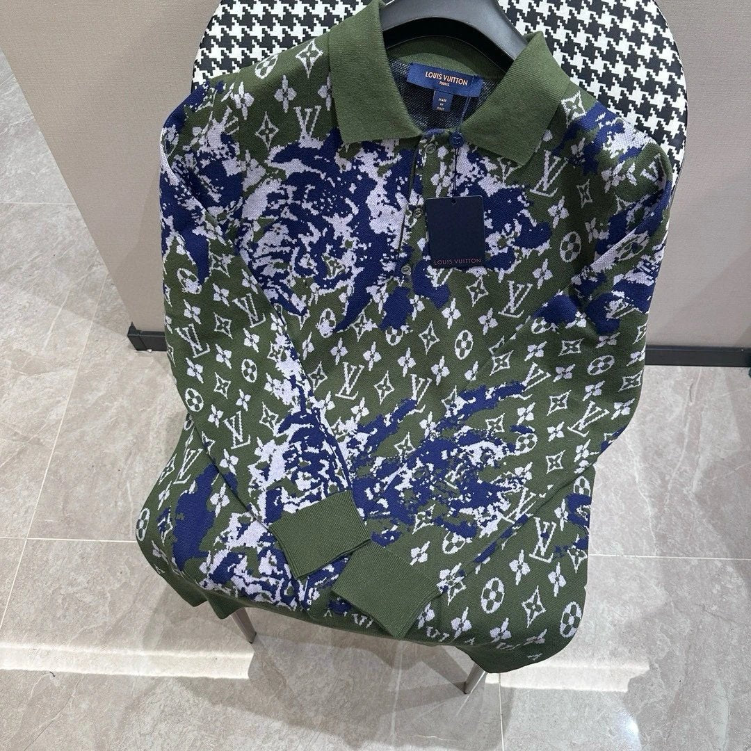 Louis Vuitton LV Sweater Irregular Blue Embroidery on Chest and Back LOGO Letter Pullover Long Sleeve Polo Knitted Sweater for Men and Women, Couple Style