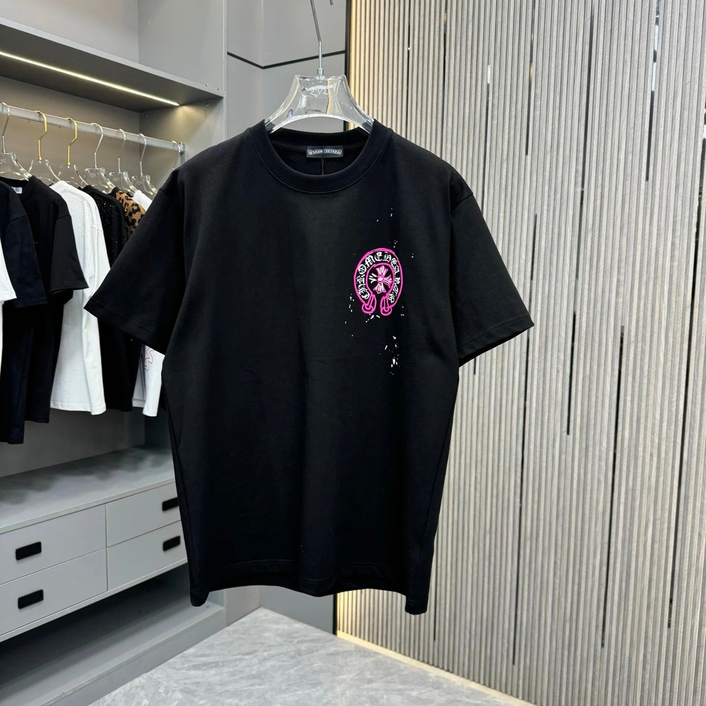 Chrome Hearts T-shirt Back Hand-Painted Art Craft logo round Neck Short Sleeve25ss New Pure Cotton Unisex Style T T-shirt OS Loose Fit Base Shirt Top Half Sleeve T-Shirt