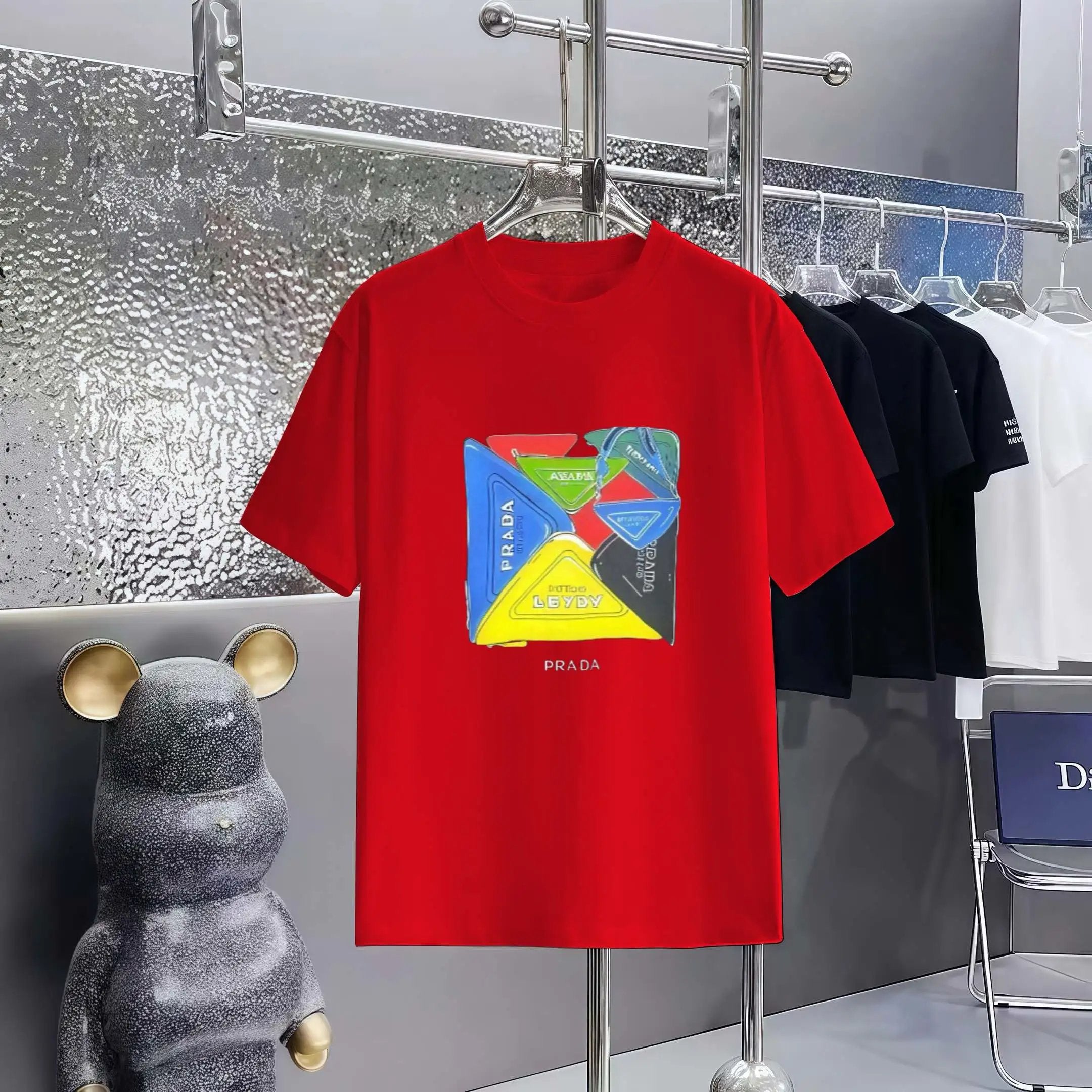 PRADA T-shirt Chest Patchwork Pattern Print logo round Neck Short Sleeve25ss New Pure Cotton Unisex Style T T-shirt OS Loose Fit Base Shirt Half Sleeve T-Shirt Top Half Sleeve