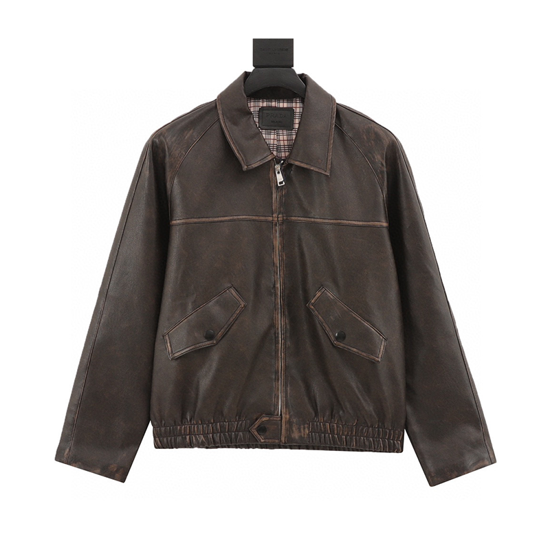 PRADA Jackets  Back Triangle Mark Distressed Leather Coat Same Style for Men and Women