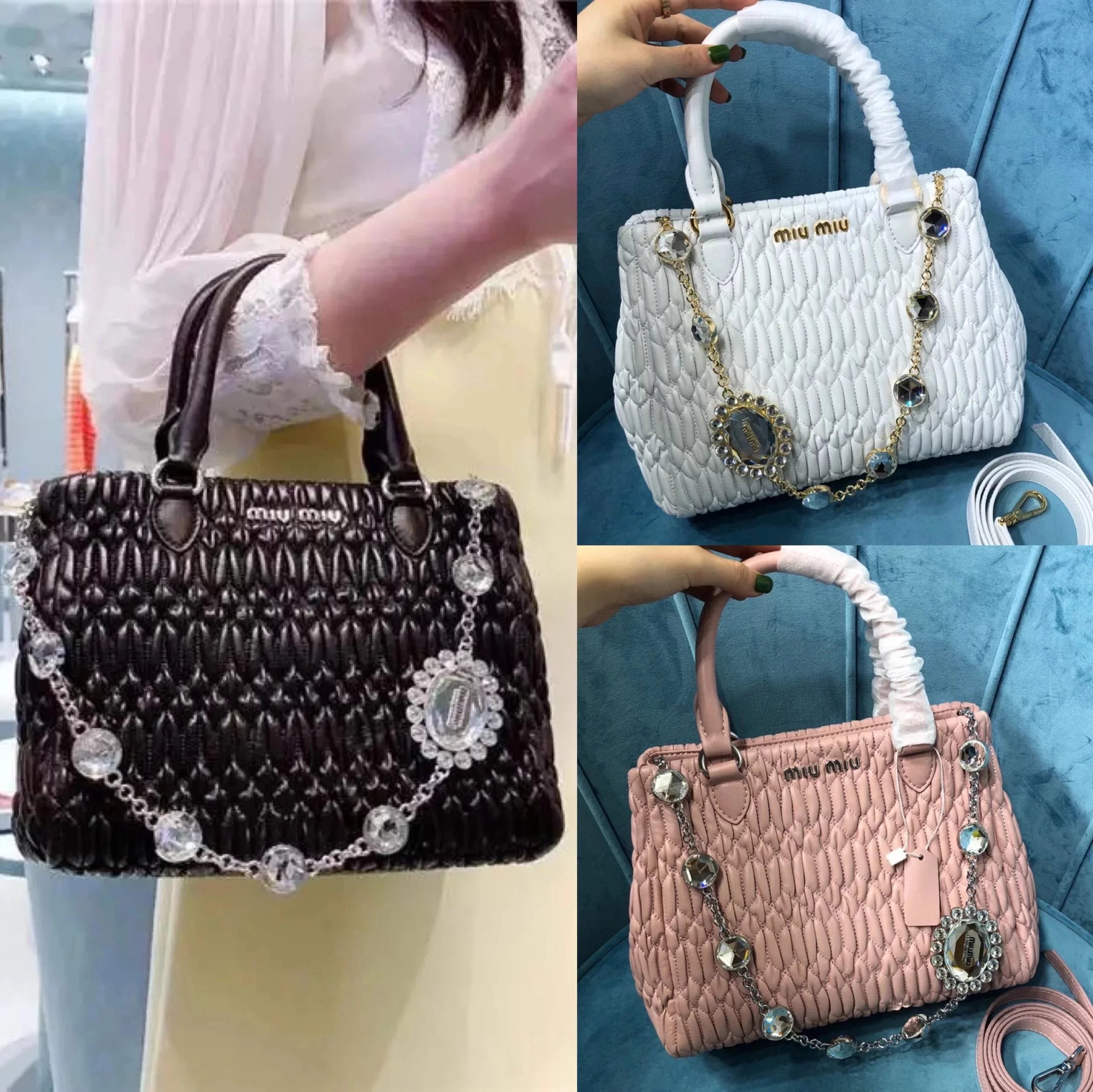 Miu Miu Bag Top version 【Original Order】Ladies New Glass Stone Crystal Drill Chain Bag Classic Embossed Small Flower Handbag Shoulder Bag Messenger Bag Shopping Bag Tote Bag Women's Bag5Color5BA067