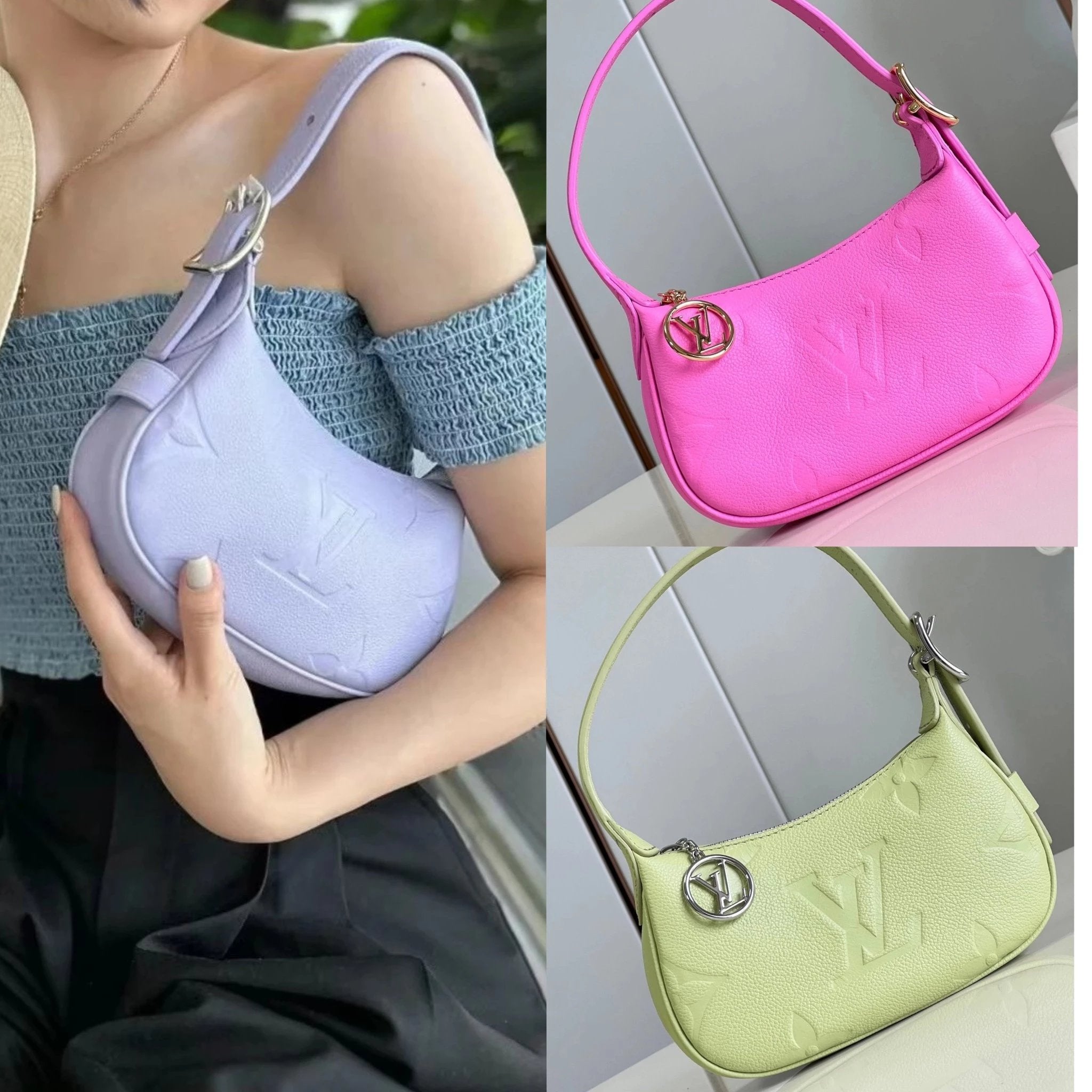 Louis Vuitton LV Women's Bag Top version M8239123New Avocado Green Berry Pink Lavender Purple Beige White Summer Dopamine Underarm Bag Cowhide Embossed MINIM00N Moon Bag Shoulder Underarm Bag Handbag