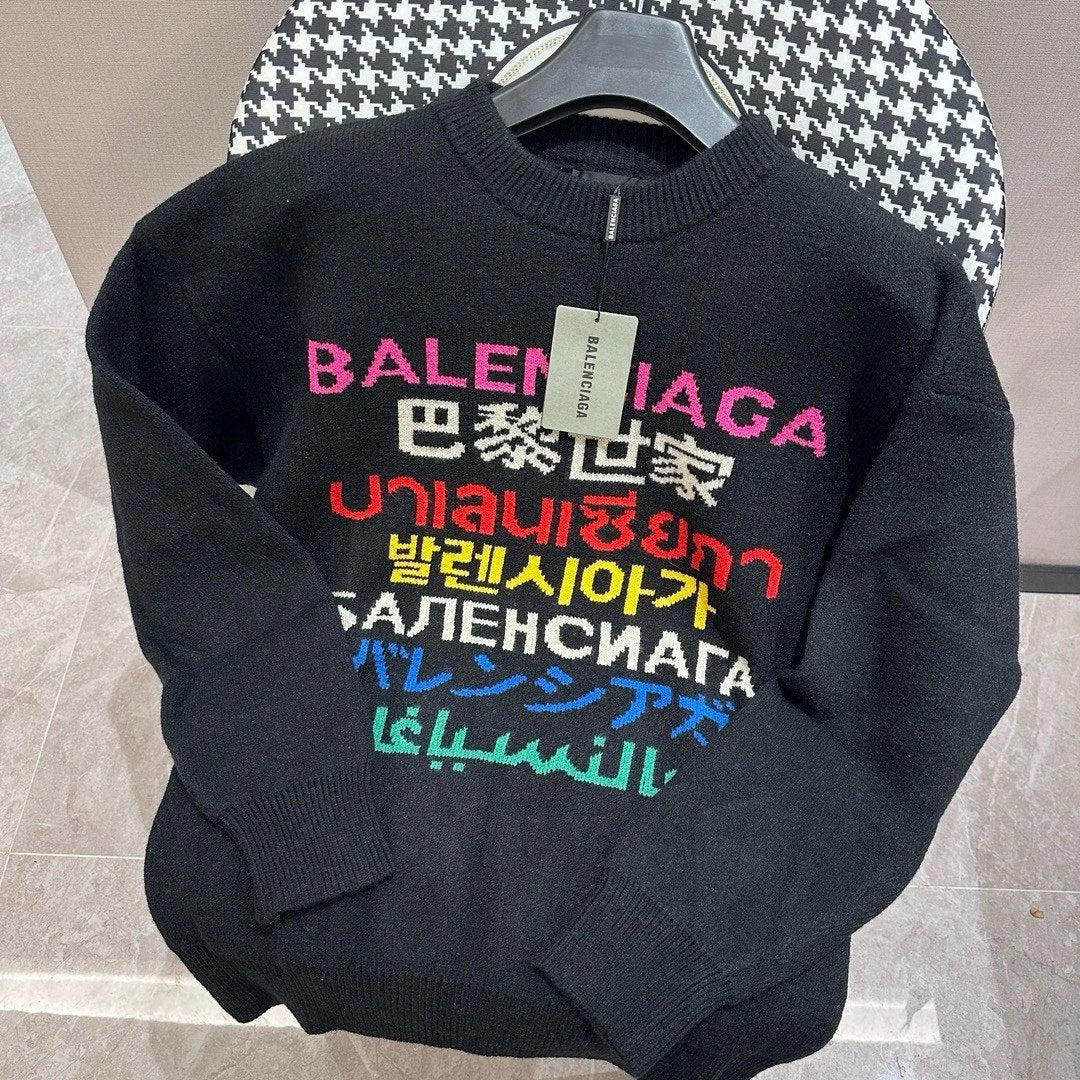 Balenciaga Sweater Autumn Winter New Multi-Language Couple Versatile Knitted Crew Neck Sweater Coat