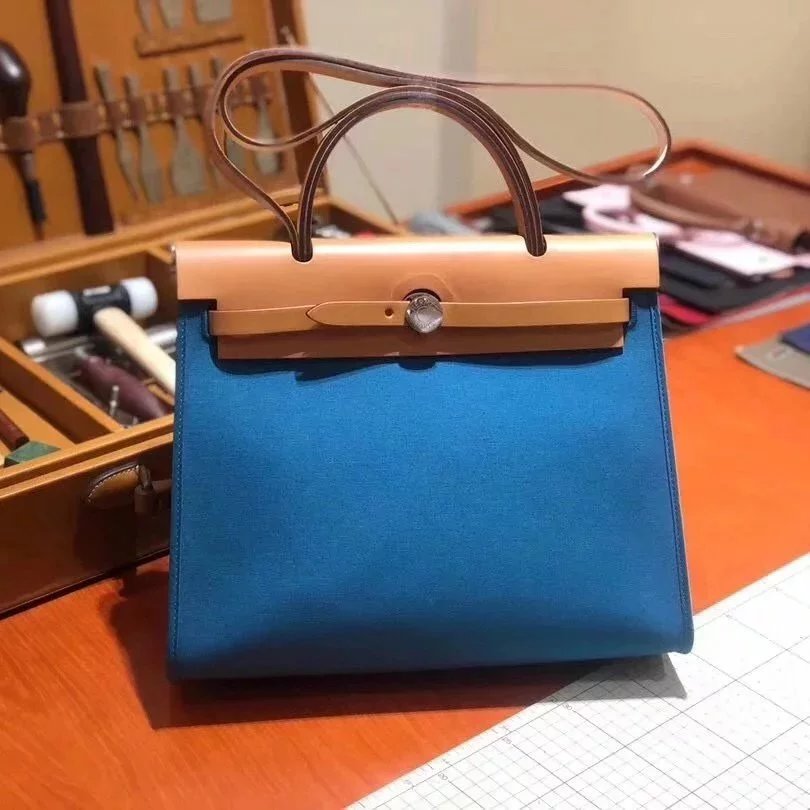 Hermes men's bag Top version 【H Handmade】Canvas Bag herbag31Canvas Stitching Leather One Shoulder Women's Crossbody Handbag Elephant Gray Electric Light Blue