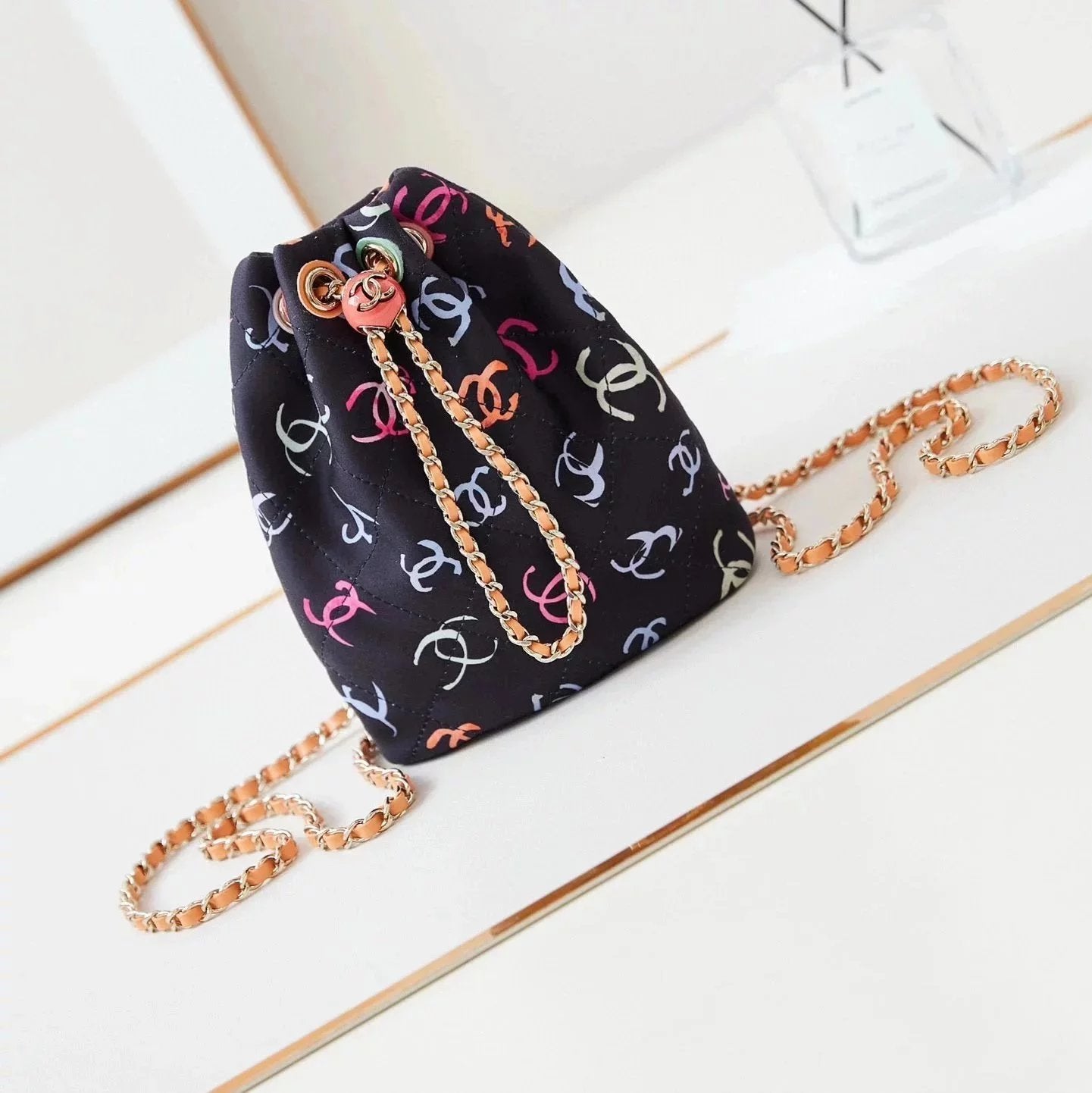 Chanel Women's Bag Top version 【New Arrival】Surrogate Shopping Level in Stock24s Color Graffiti Backpack Drawstring Bucket Bag Color Golden Ball Small Bucket Backpack New Women's Bag As4810