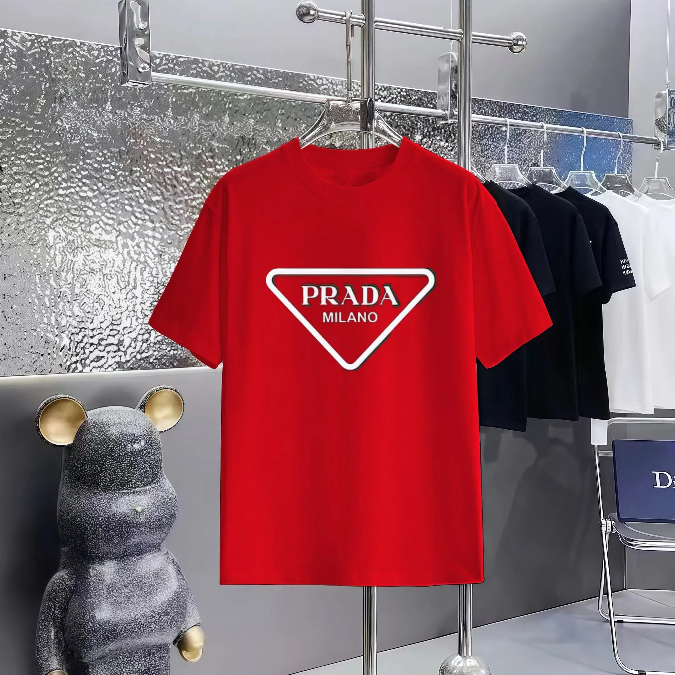 PRADA T-shirt Chest Triangle Pattern Print logo round Neck Short Sleeve25ss New pure cotton T Unisex T-Shirt OS Loose Fit Base Shirt Top Half Sleeve T-Shirt