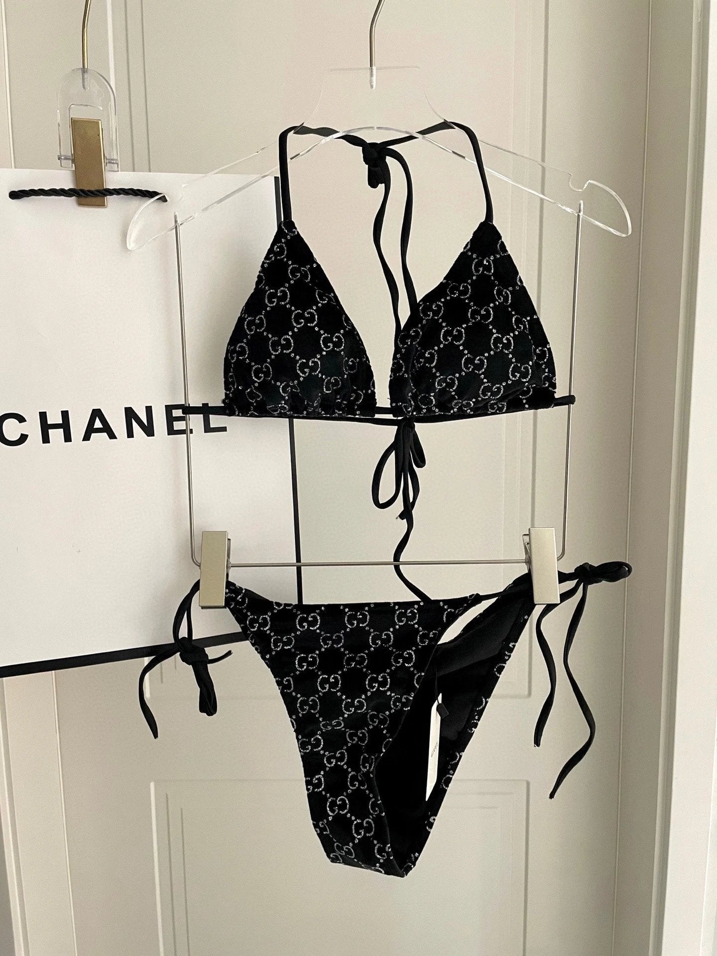 Gucci Swimsuit Full Jacquard Print logo Bikini Two-Piece Swimsuit Sexy Small Chest Gathered Beach Pool Vacation Hot Spring Backless White Women's Swimwear