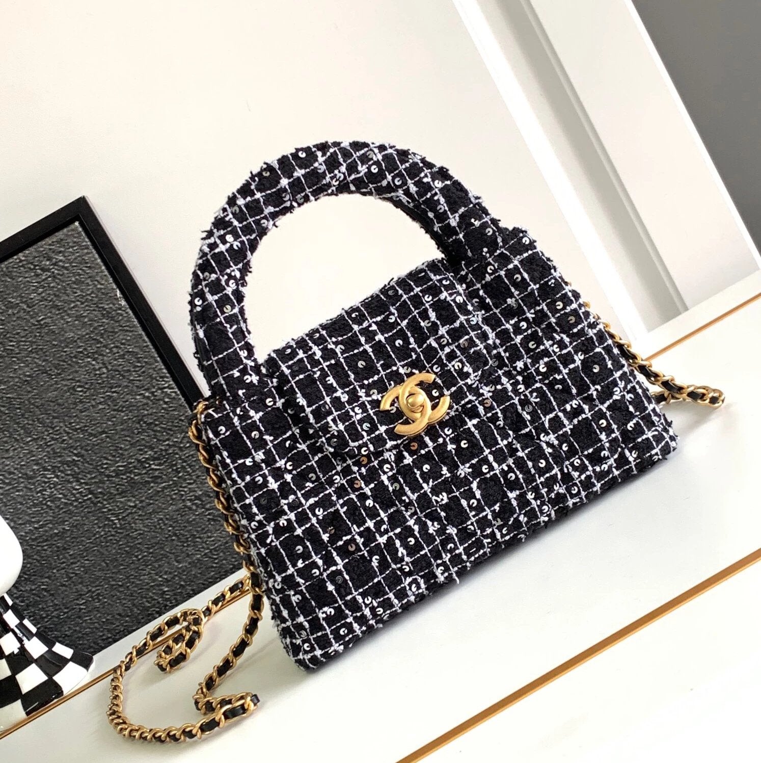 Chanel Women's Bag Top version 【Original Leather High-End Version】Ohanel24Pkelly Woolen Mini Bag New24PKelly Woolen CF Bag Handbag Black Woolen Women's Bag