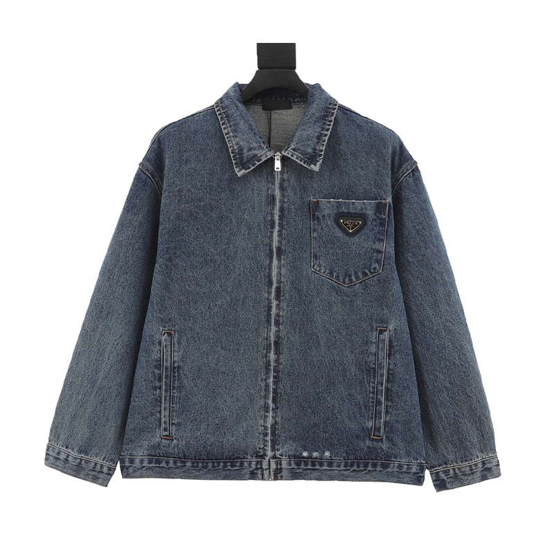 PRADA Jackets Triangle Mark Retro Washed Worn Zipper Denim Jacket Coat Same Style for Men and Women