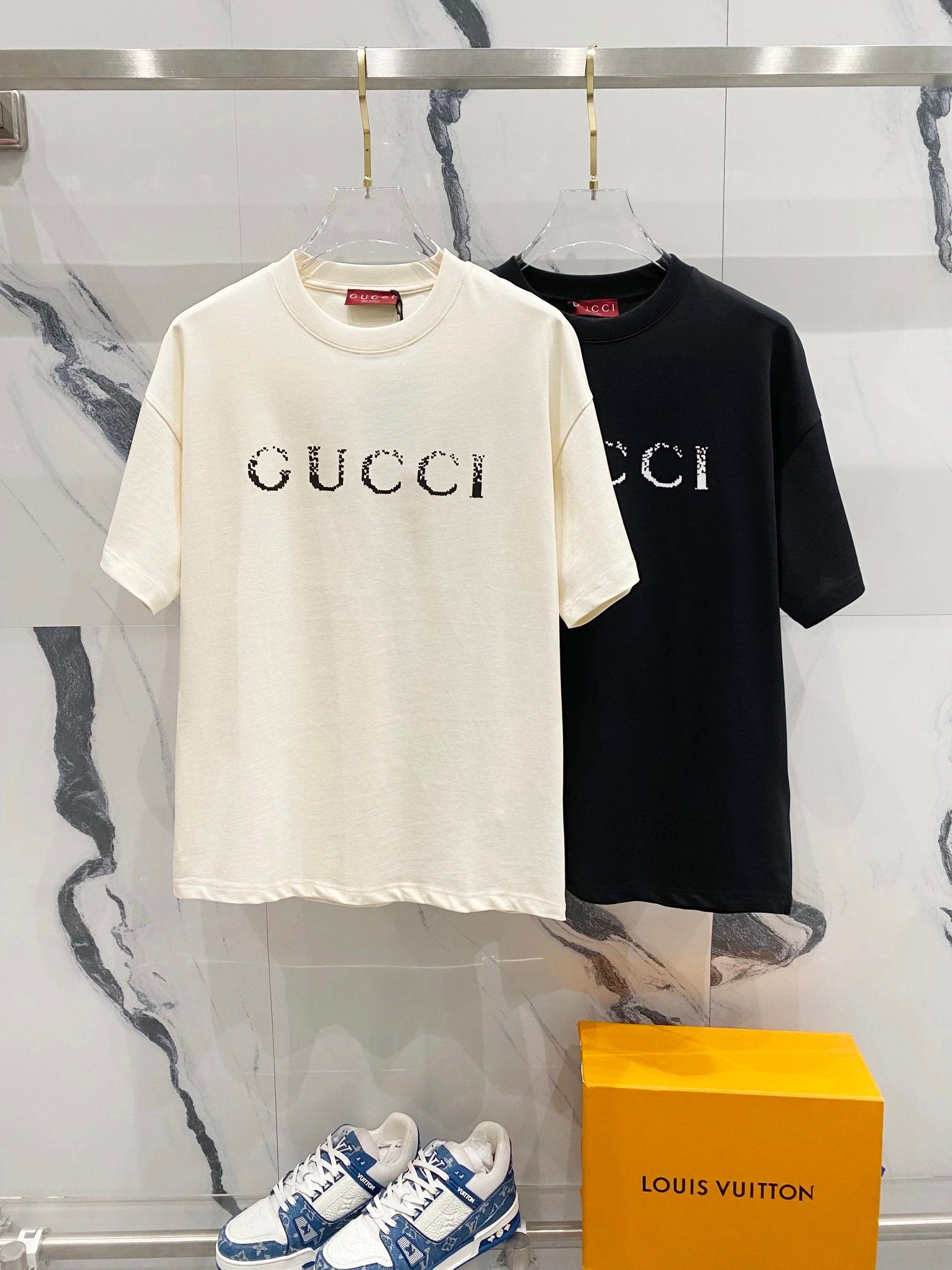 Gucci T-shirt Gradient Snowflake Letters LOGO Printed Crew Neck Short Sleeve Pure Cotton T Unisex T-Shirt OS Loose Fit Base Shirt Summer Casual Simple T-Shirt