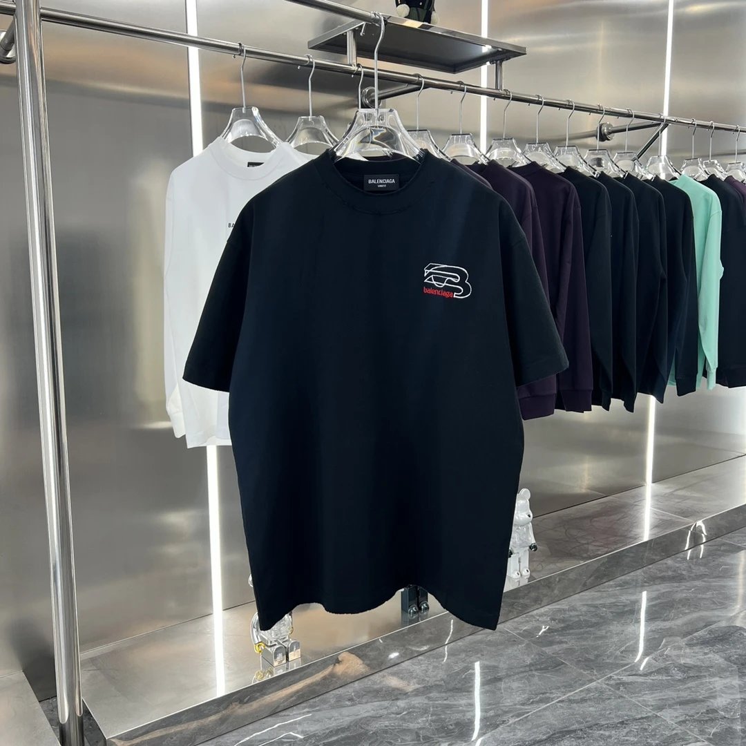 Balenciaga T-shirt Washed Distressed Embroidered logo Round Neck Short Sleeve Pure Cotton Unisex T Shirt Bottoming Shirt OS Loose Fit T-Shirt