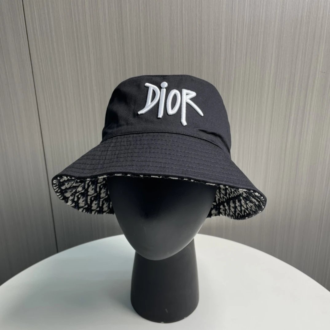 Dior Hat Reversible Embroidery logo Fisherman Hat Casual Sun Protection Plain Face Covering Sunshade Outdoor UV Protection Versatile Flat Top Bucket Hat