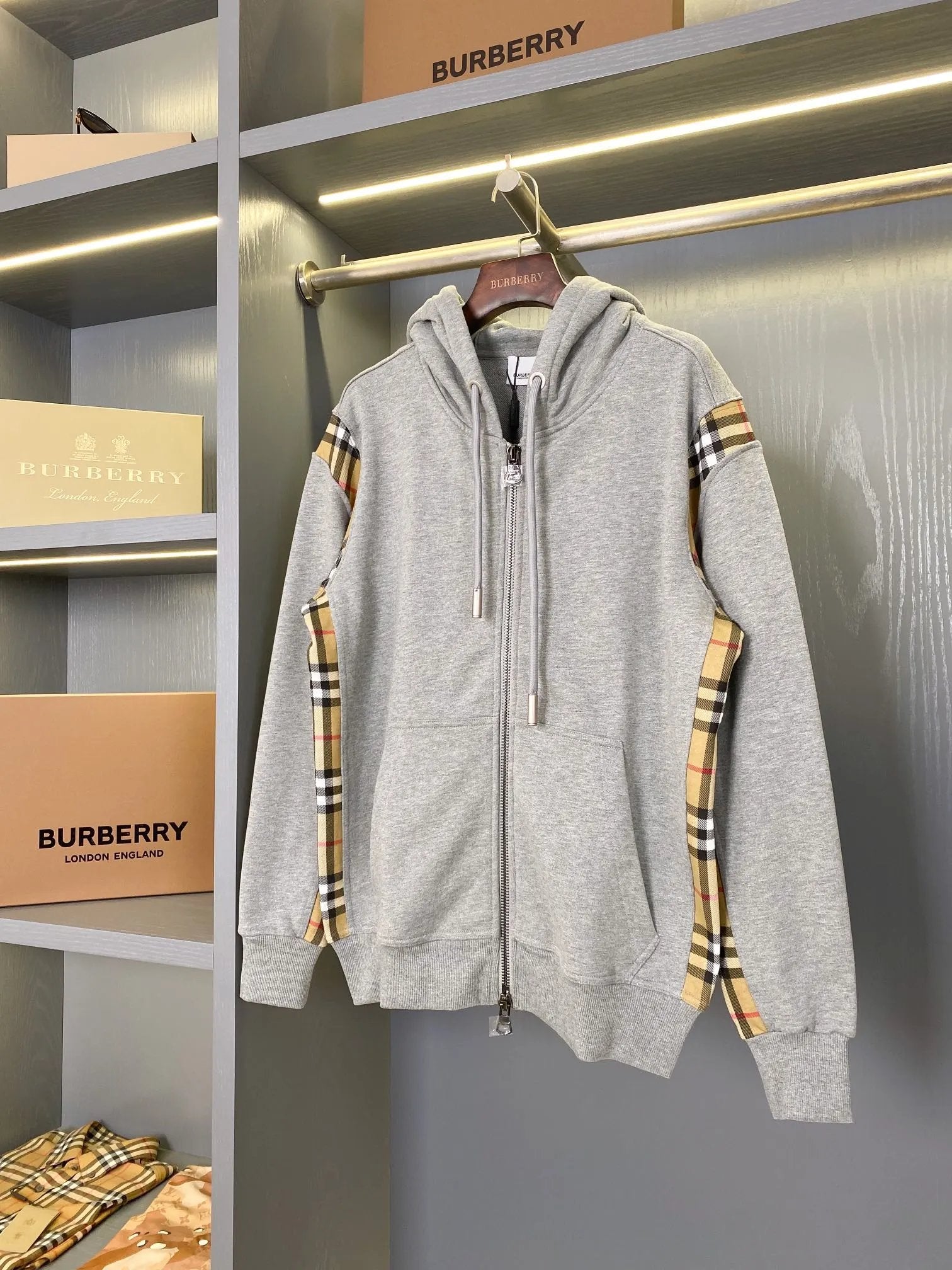 Burberry Jackets Vintage Plaid Patch Cotton Loose Zip-Up Hoodie BUR Unisex Zipper Jacket
