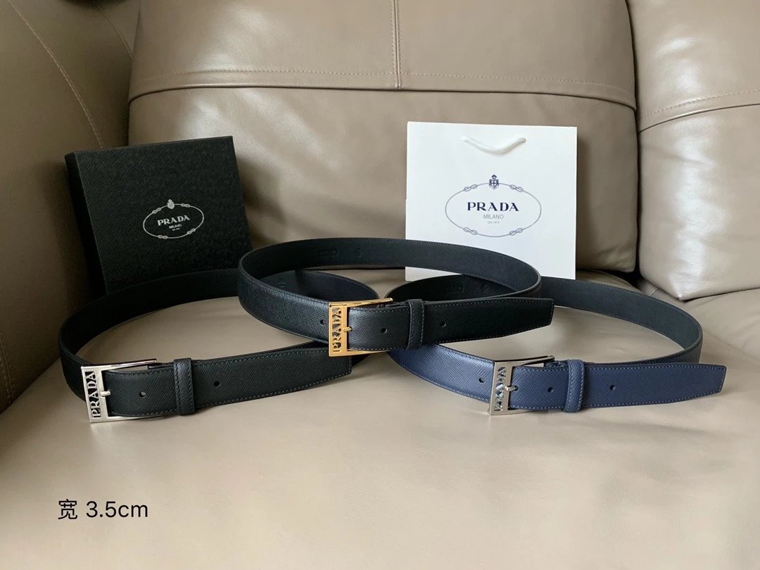 PRADA Belt Top version New Original Order Genuine Belt Men's Pin Buckle Belt Business Casual Cross Pattern Black Coffee Double-Sided Pure Original Leather Imported from Italy Cowhide Leather3.5