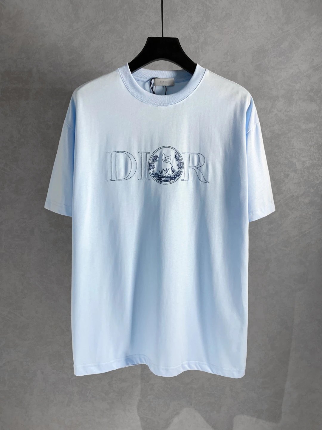 Dior T-shirt Chest Small Blue Cat Embroidery logo round Neck Short Sleeve25ss New Pure Cotton Unisex Style T Casual T-Shirt Base Layer Shirt OS Loose Fit Half Sleeve Top Plus Size