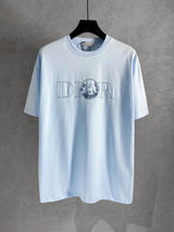 Dior T-shirt Chest Small Blue Cat Embroidery logo round Neck Short Sleeve25ss New Pure Cotton Unisex Style T Casual T-Shirt Base Layer Shirt OS Loose Fit Half Sleeve Top Plus Size