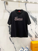Gucci T-shirt Classic Pink Letter Embroidery?LOGO Logo Crew Neck Short Sleeve Pure Cotton T Unisex T-Shirt OS Loose Fit Base Shirt Summer Casual Simple T-Shirt