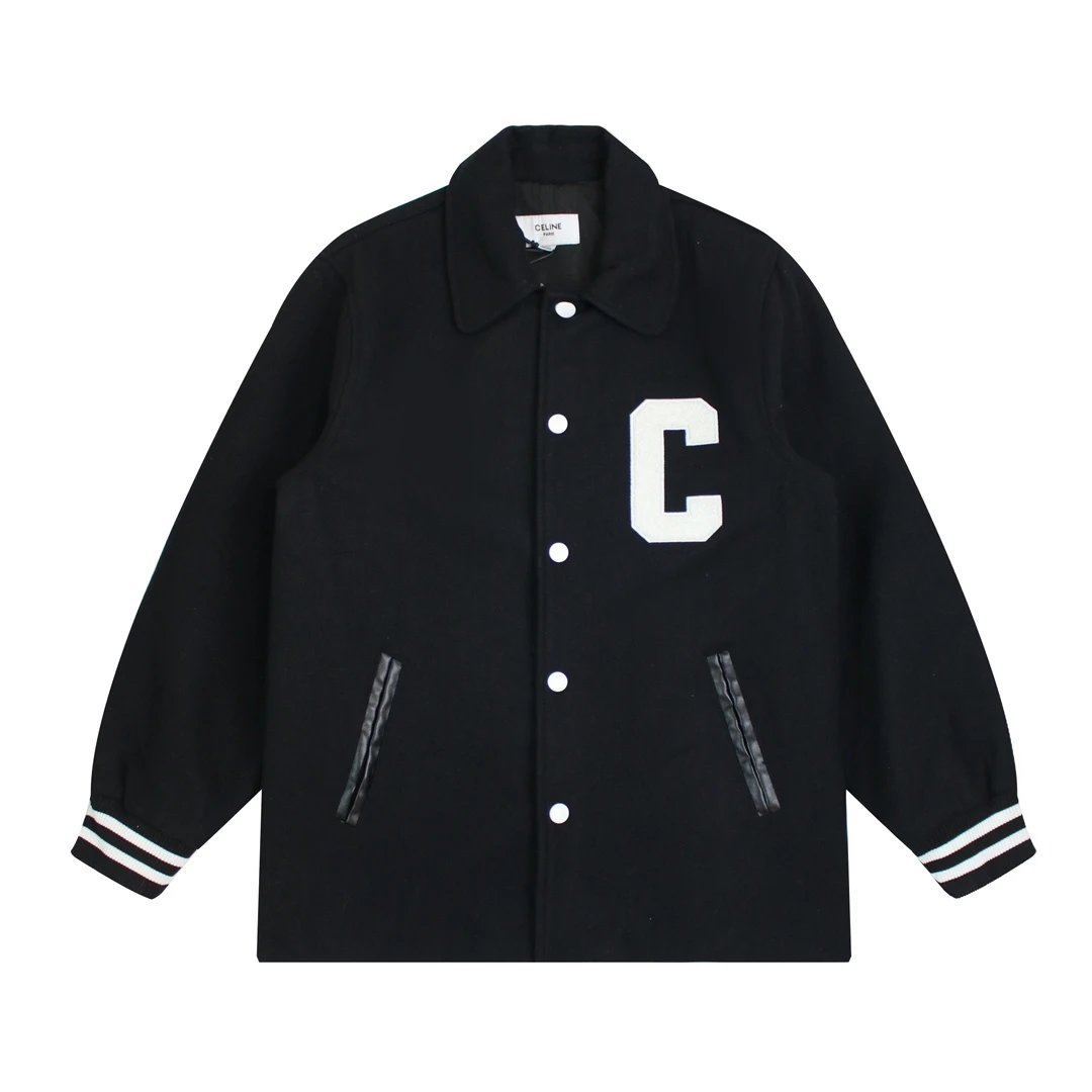 Celine Jackets 24New Letter Towel Embroidery Wool Baseball Jacket Men's and Women's Same Autumn and Winter New Loose Sports and Leisure All-Matching