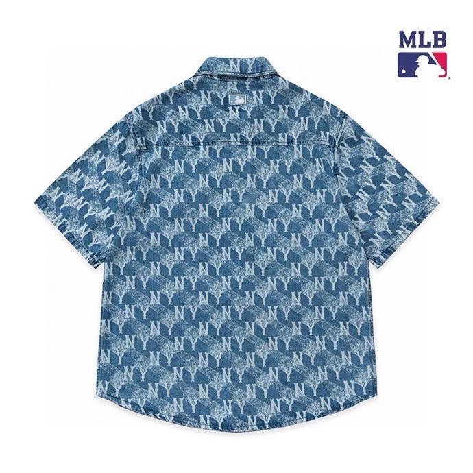 MLB T-shirt Top Version New Geometric Full Printed Shirt Shirt Collar Denim Short Sleeve Men and Women Same Style Full Printed