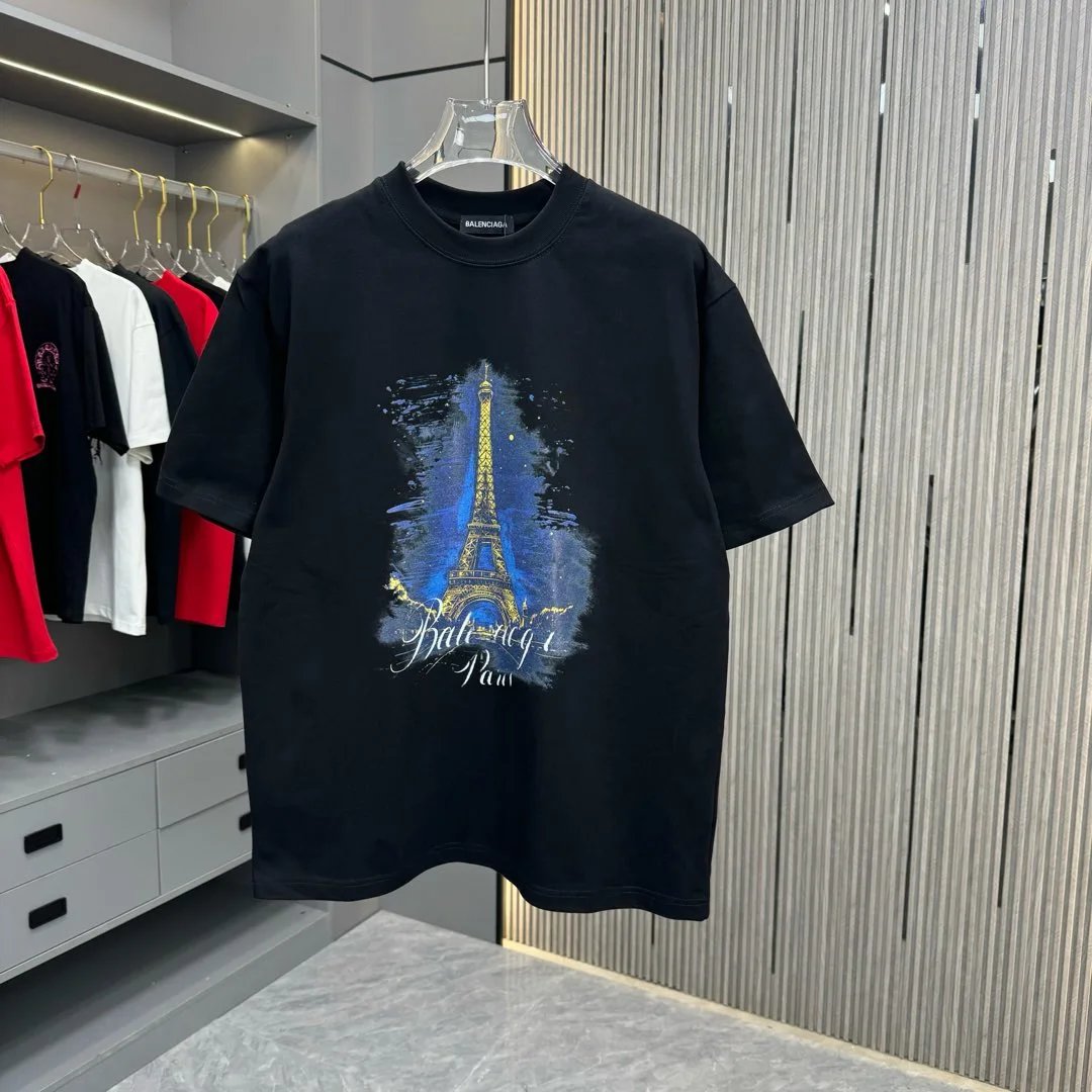 Balenciaga T-shirt Eiffel Tower Print on the Chest logo round Neck Short Sleeve25ss New Pure Cotton Unisex Style T T-shirt OS Loose Fit Base Shirt Half Sleeve T-Shirt Top Half Sleeve