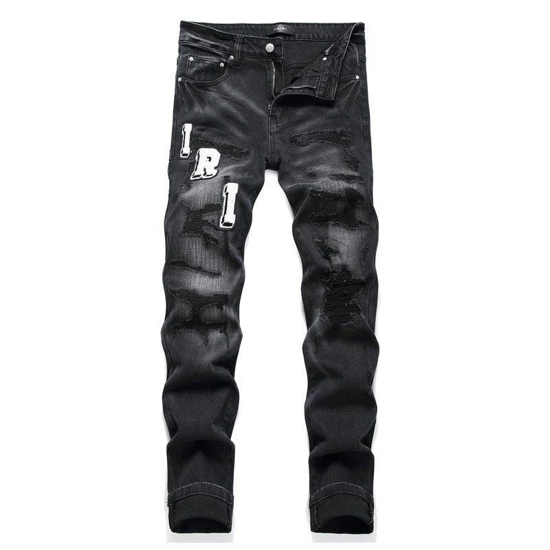 Amiri Jeans New Foreign Trade Style Fashion Blue with Holes Paste Cloth Embroidery Elastic Mid-Waist Feet Men's Jeans