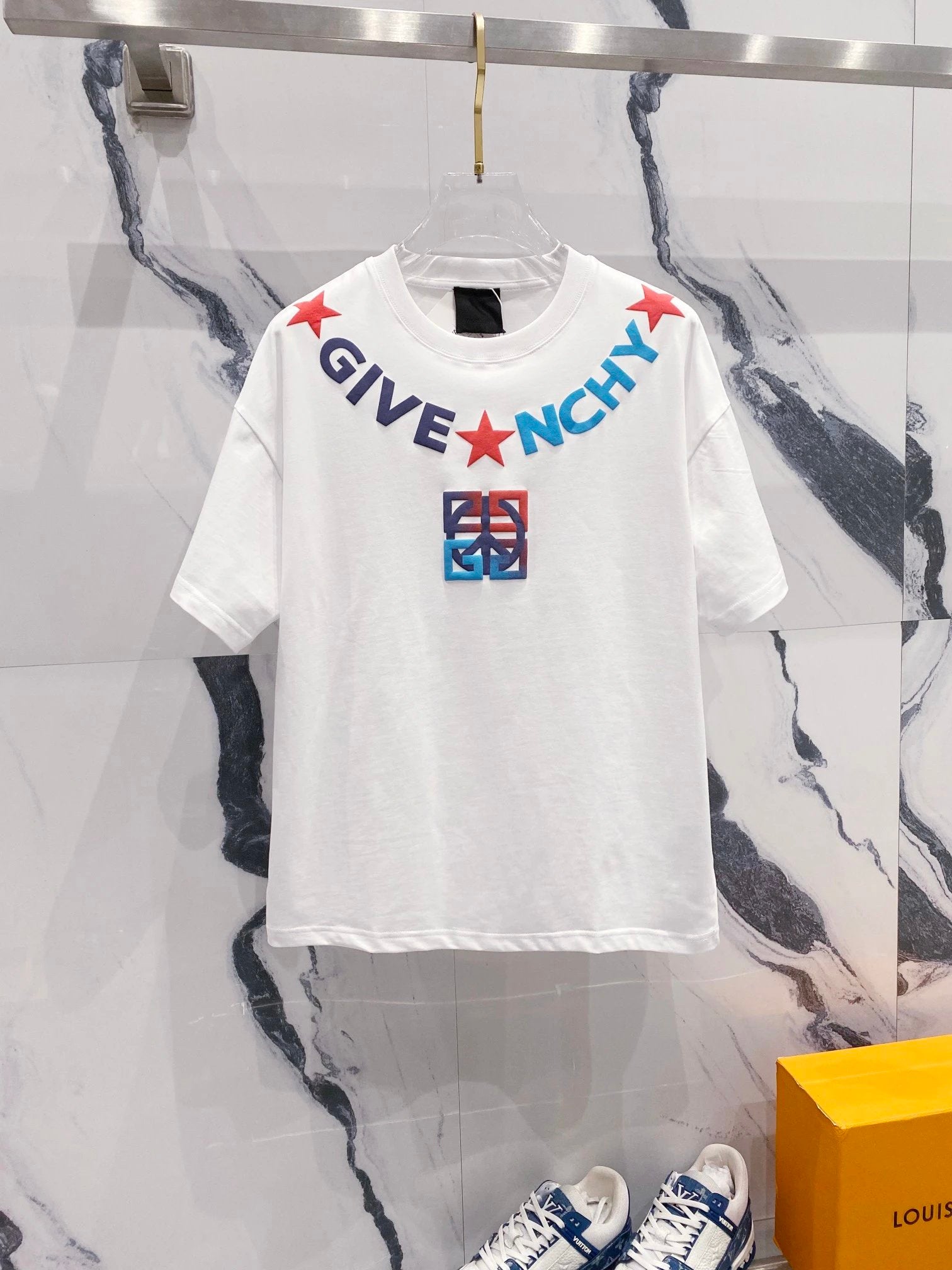 Louis Vuitton LV T-shirt Neckline Star Letter Foam Print LOGO Logo Crew Neck Short Sleeve Pure Cotton Unisex T T-shirt OS Loose Fit T-Shirt Casual Simple Base Shirt