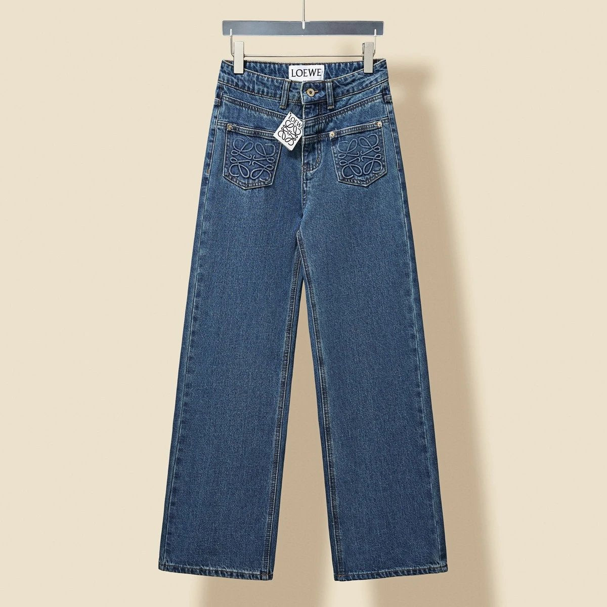 LOEWE Jeans Adhesive Press logo Straight Washed Blue Jeans Autumn Winter New Unisex Loose Casual Wide Leg High Waist Pants