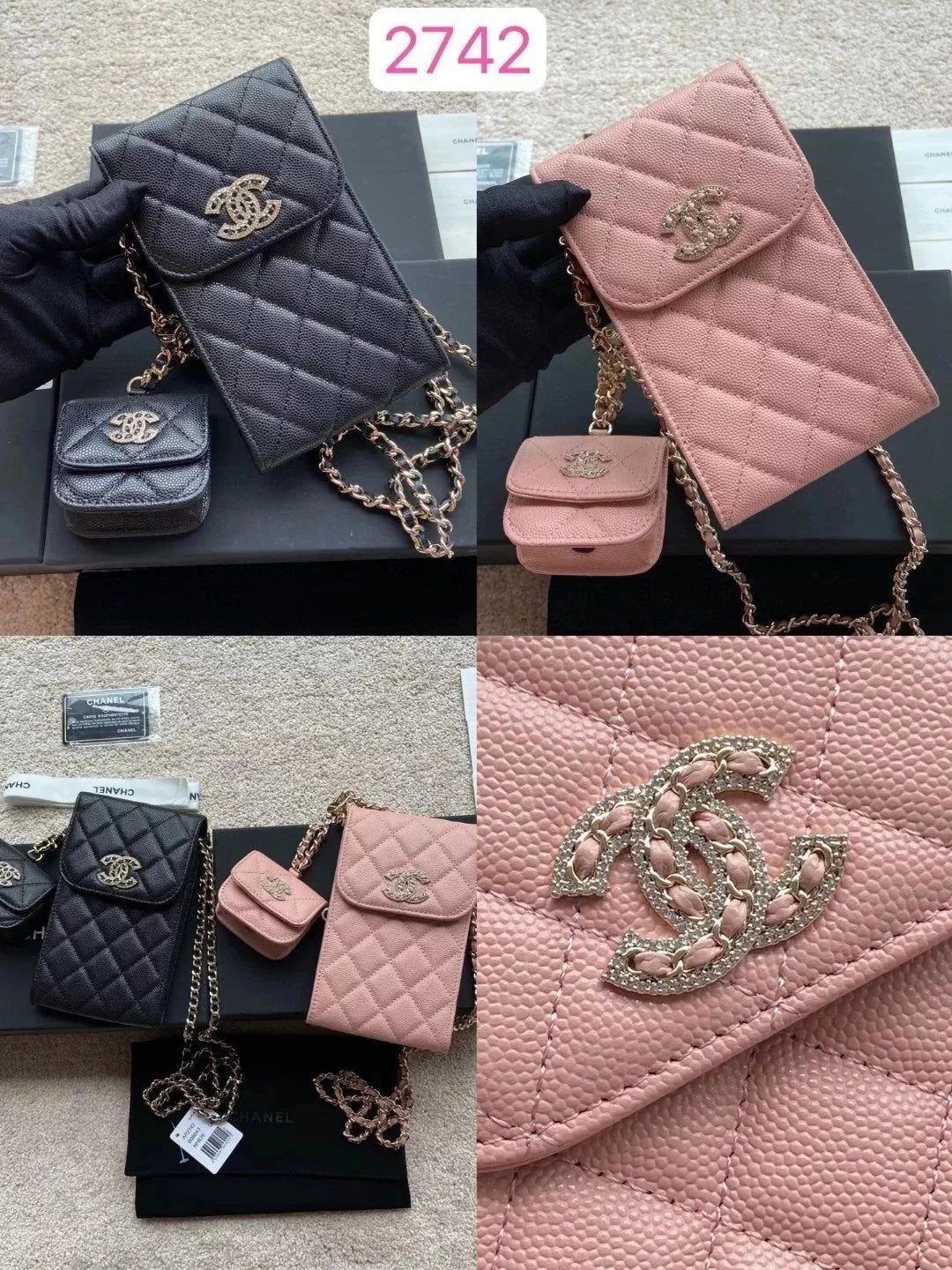 Chanel Wallet Top version Two-in-One Mobile Phone Bag Earphone Bag Pairs CC Home Wallet Shoulder Messenger Bag Chain Bag Women's Bag Imported Italian Particle Cowhide Size:w10×h16.5×2cm Color:Black Pink Fine Ball Pattern Diamond-Embedded Hardware Mother a