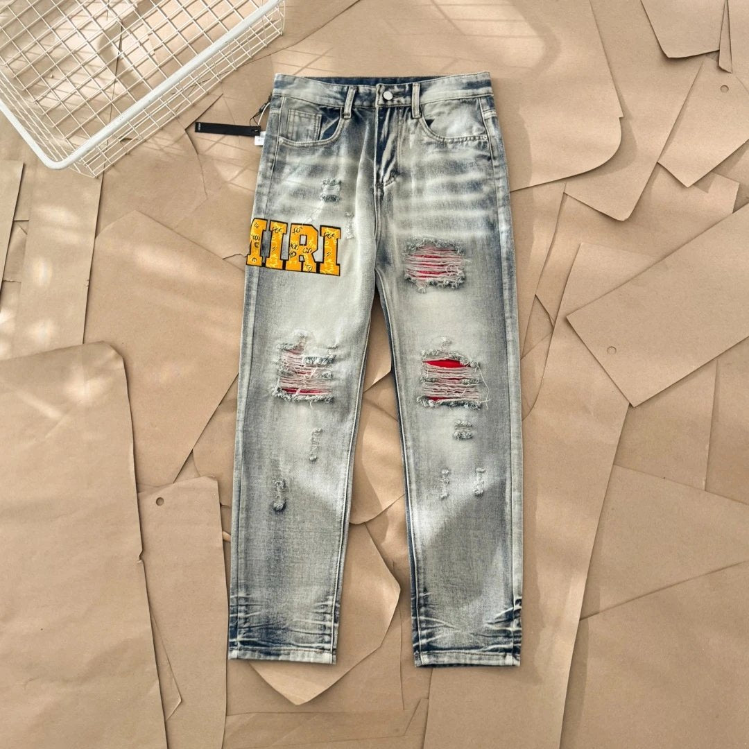 Amiri Jeans Front and Rear Yellow Ripped Letter-Printing logo25ss Spring Summer New Straight Loose Jeans Unisex Slim Fit Long Pants