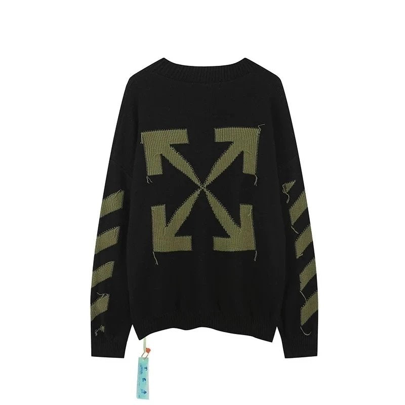 OFF-White Sweater Top Version Verified Quality Sweater Pullover Black and White Arrow Gradient Mohair Autumn and Winter Rendering Knitted Men and Women