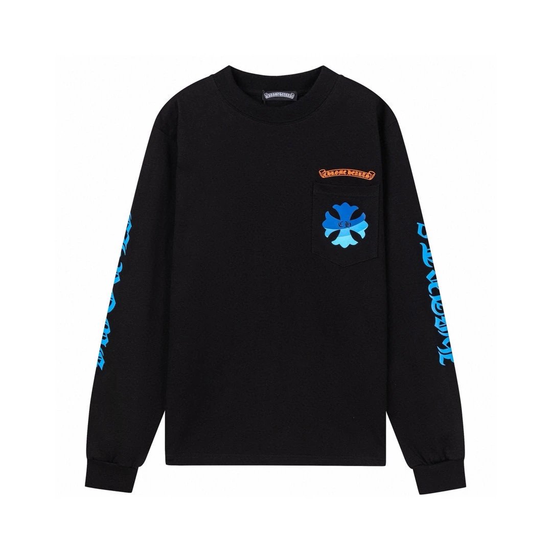 Chrome Hearts Hoodie Top Version2024New Fashion Brand Sanskrit Letter Printing Blue Letter Horseshoe Cross Pure Cotton Men's and Women's Long Sleeve T T-shirt