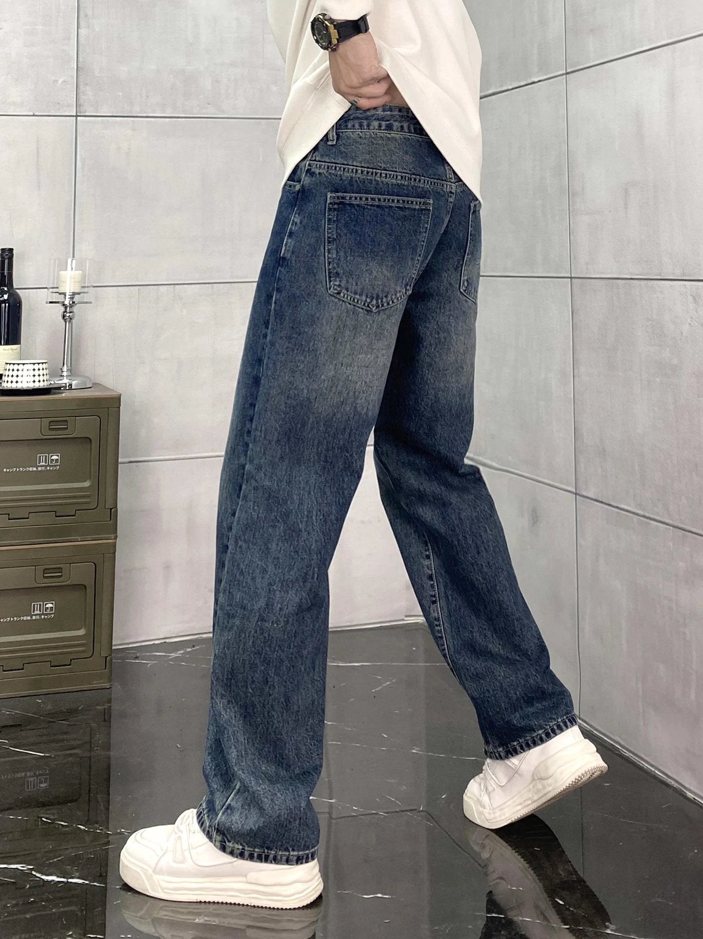 Versace jeans Back Waist Leather Tag logo Straight Washed Blue Jeans Autumn Winter New Unisex Loose Casual Wide Leg High Waist Pants