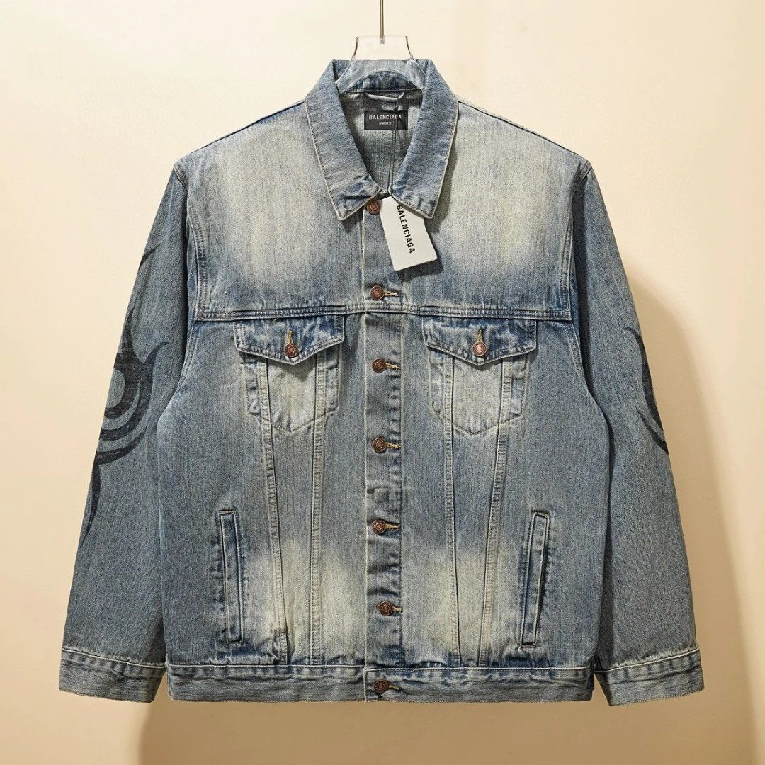 Balenciaga Jackets Hand-drawn Totem Pattern Denim Jacket Fashion Simple Heavy Casual Short Unisex Washed Vintage Turn-down Collar Jacket