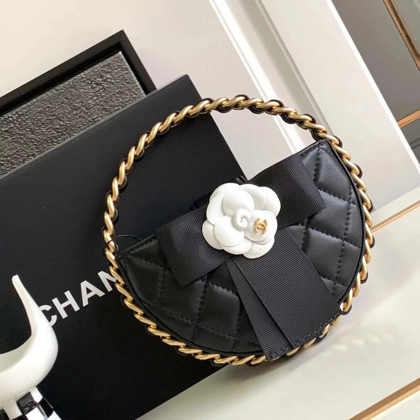 Chanel Women's Bag Top version 【**Original Leather】23K New Camellia Hula Hoop Bag Jennie Same Hula Hoop Wrist Bag Dinner Bag Small Waste Bag