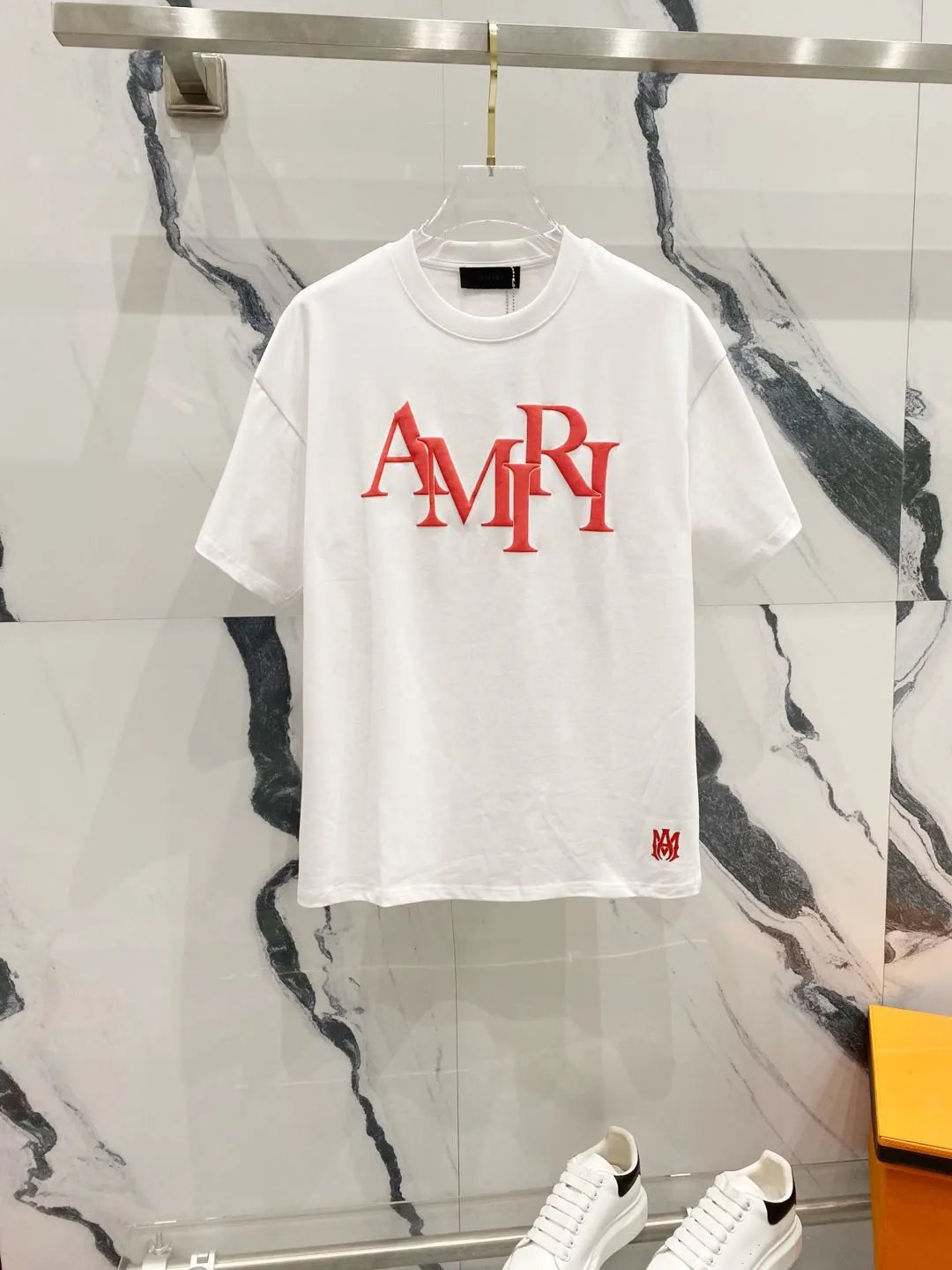 Amiri T-shirt Logo Brand Letters LOGO Foam Print Logo Crew Neck Short Sleeve Pure Cotton Unisex T Shirt Bottoming Shirt OS Loose Fit T-Shirt