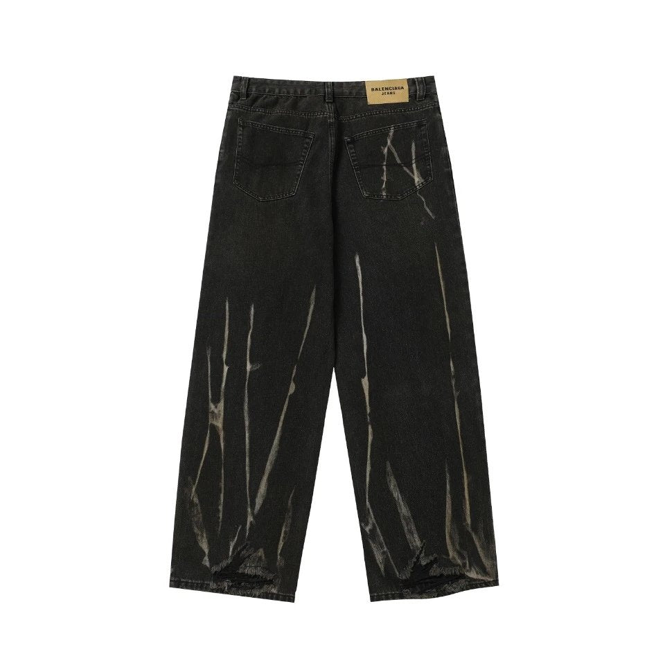 Balenciaga Jeans Hot-Selling Black Heavy-Duty Washed Spray-Painted Embroidered Drawstring Jeans Straight-Leg Jeans Autumn Winter New Unisex Loose Casual Wide-Leg High-Waist Pants