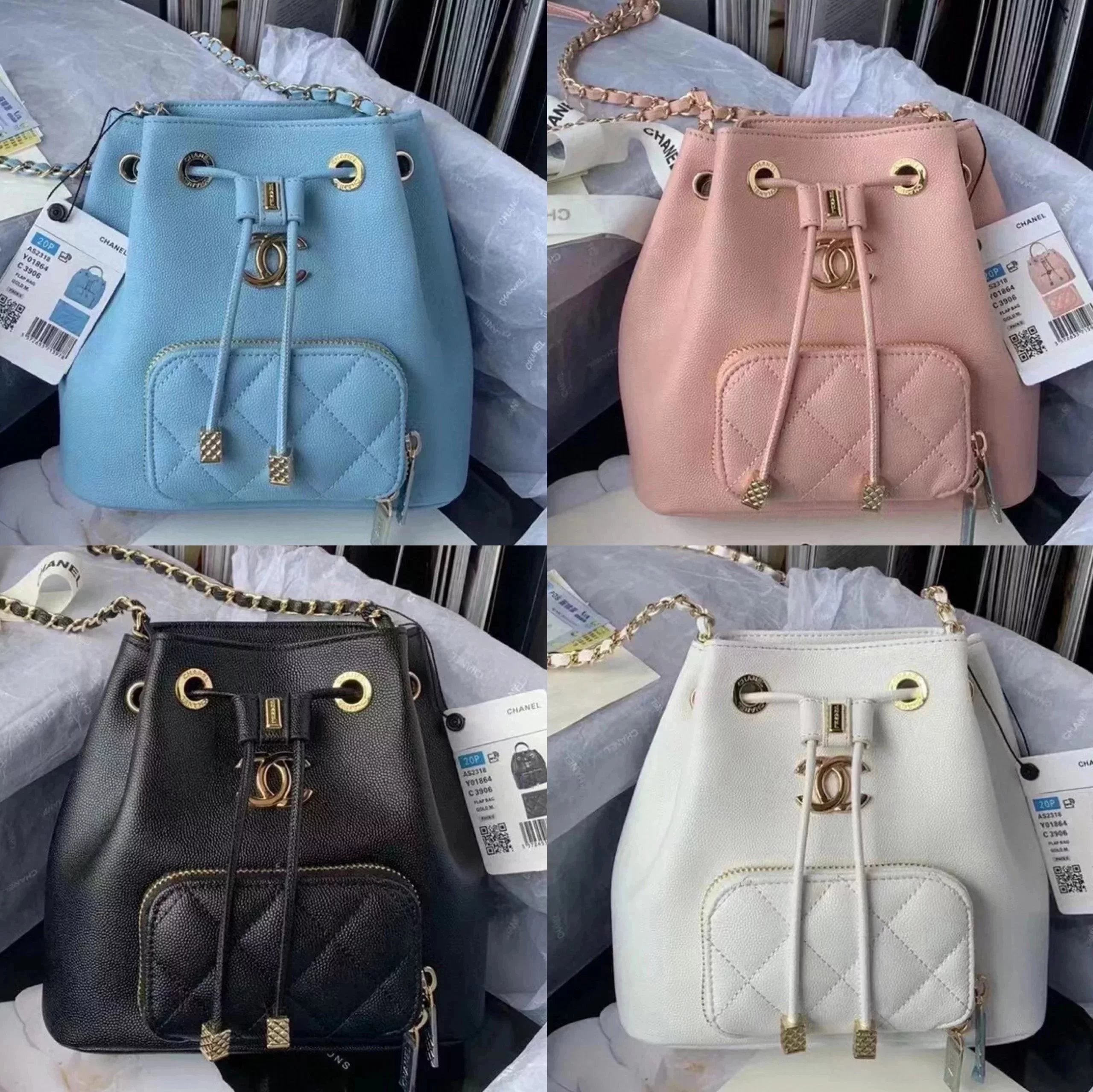 Chanel Backpack Bag Top version 2022New22P Latest Concept Women's Drawstring Small Bucket Bag Cowhide Lychee Pattern Ball Pattern Caviar Drawstring Bucket Bag Women's Bag Shoulder Crossbody Backpack as2318