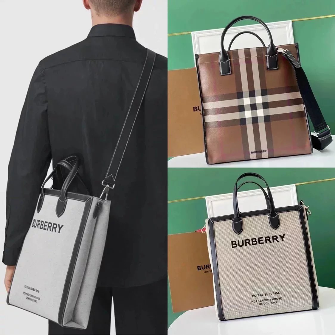 Burberry Men's Bag Top version 【Original Leather】New Men's Tote Bag Classic Plaid Pattern Men's Bag Business Briefcase Men's Handbag Crossbody Bag Tote Men's Bag