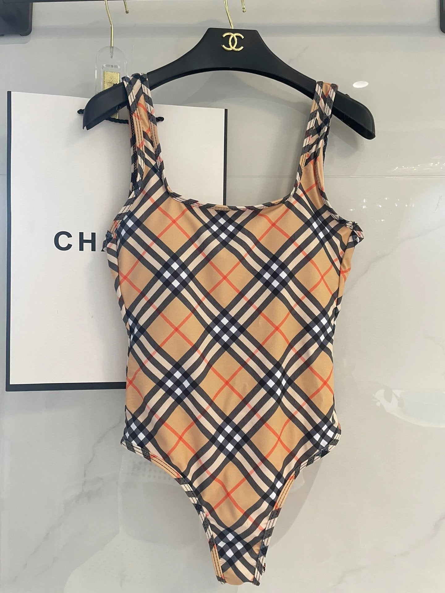Burberry Swimsuit Full Body Plaid Bikini One-Piece Swimsuit Sexy Backless White Small Chest Gathered Beach Pool Women's Swimwear Vacation Hot Spring