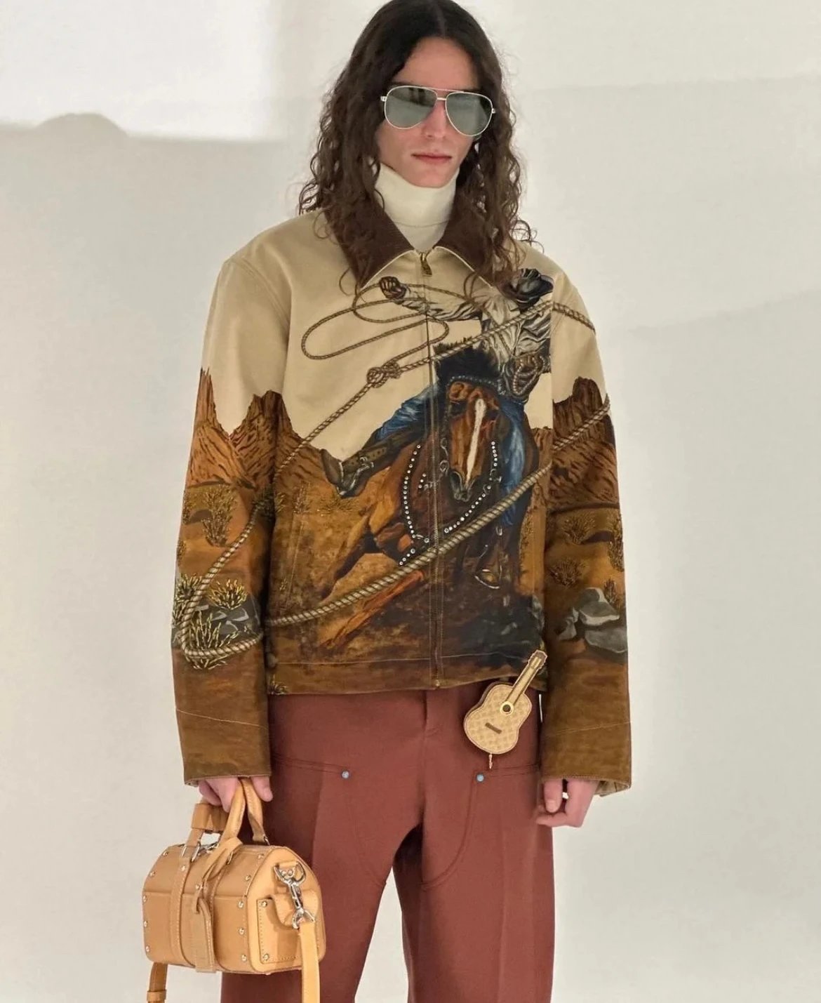 Louis Vuitton LV Jackets 24FW Vintage Bonfire Series Horse Riding Pole Western Cowboy Print Couple Lapel Denim Jacket Unisex