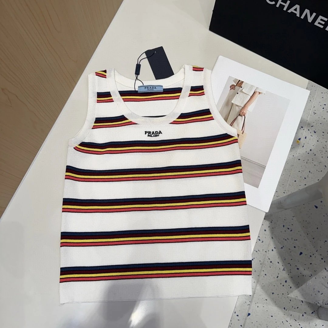 PRADA T-shirt Full-length Striped logo Sleeveless Short Sleeve Sleeveless Vest25ss New Pure Cotton Women's Base Shirt T T-shirt OS Loose Fit Half Sleeve T-Shirt