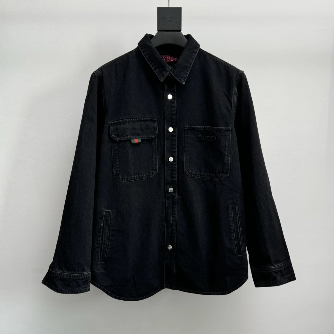 Gucci Jackets Stone Washed Embroidered Denim Shirt Jacket Casual Loose Turn-down Collar Shirt Cardigan Unisex os Version24ss Autumn and Winter New Products