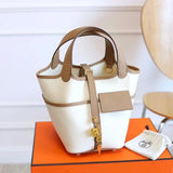 Hermes women's bag Top version H Home Food Basket cargo Bucket Bag nata Cream White Sesame Color Small Bucket picoton18cm Canvas Stitching swift Leather Counter New Hand Sewing