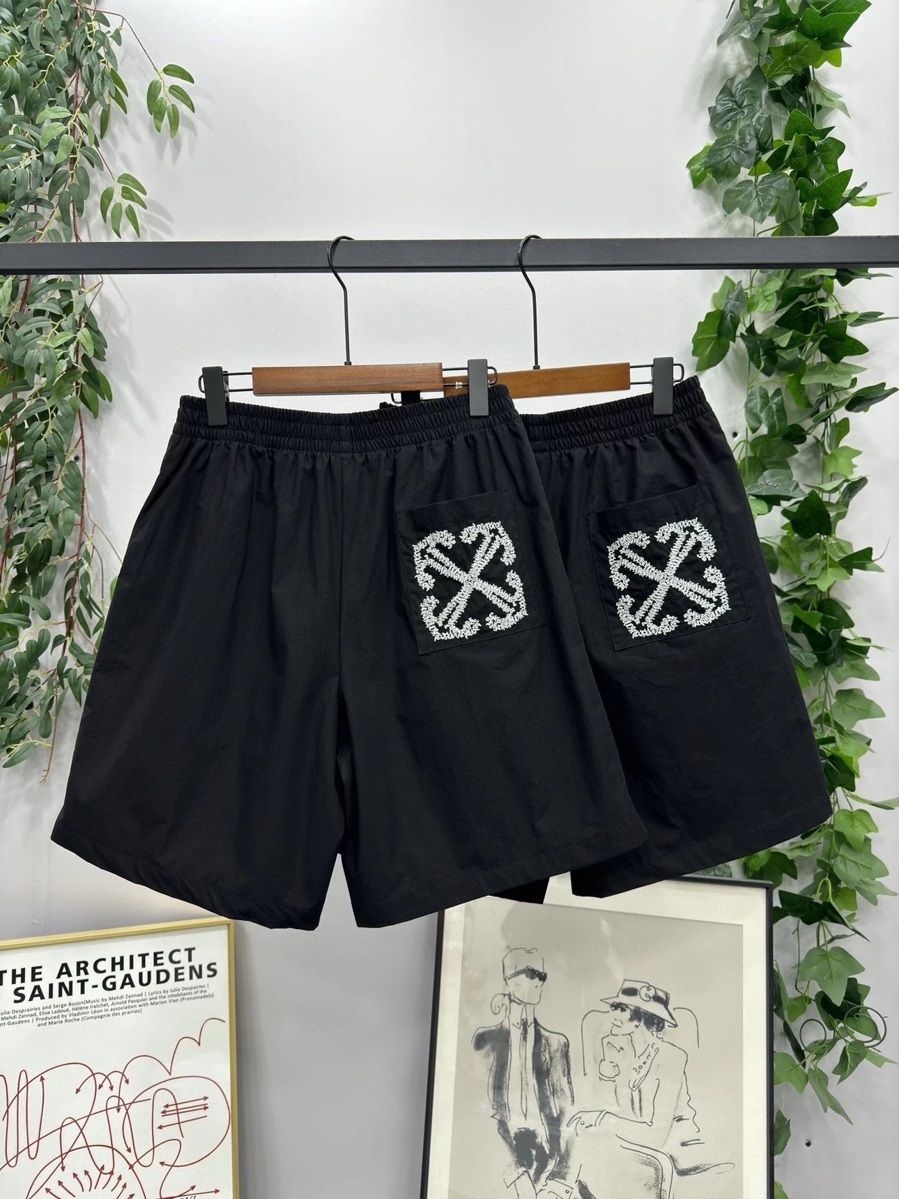 OFF-White Shorts Top Version23SS Embroidered Arrow Shorts Cropped Pants Men's and Women's Same Loose Casual Pants