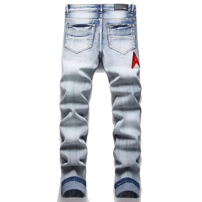 Amiri Jeans New Foreign Trade Style Fashion Blue with Holes Paste Cloth Embroidery Elastic Mid-Waist Feet Men's Jeans