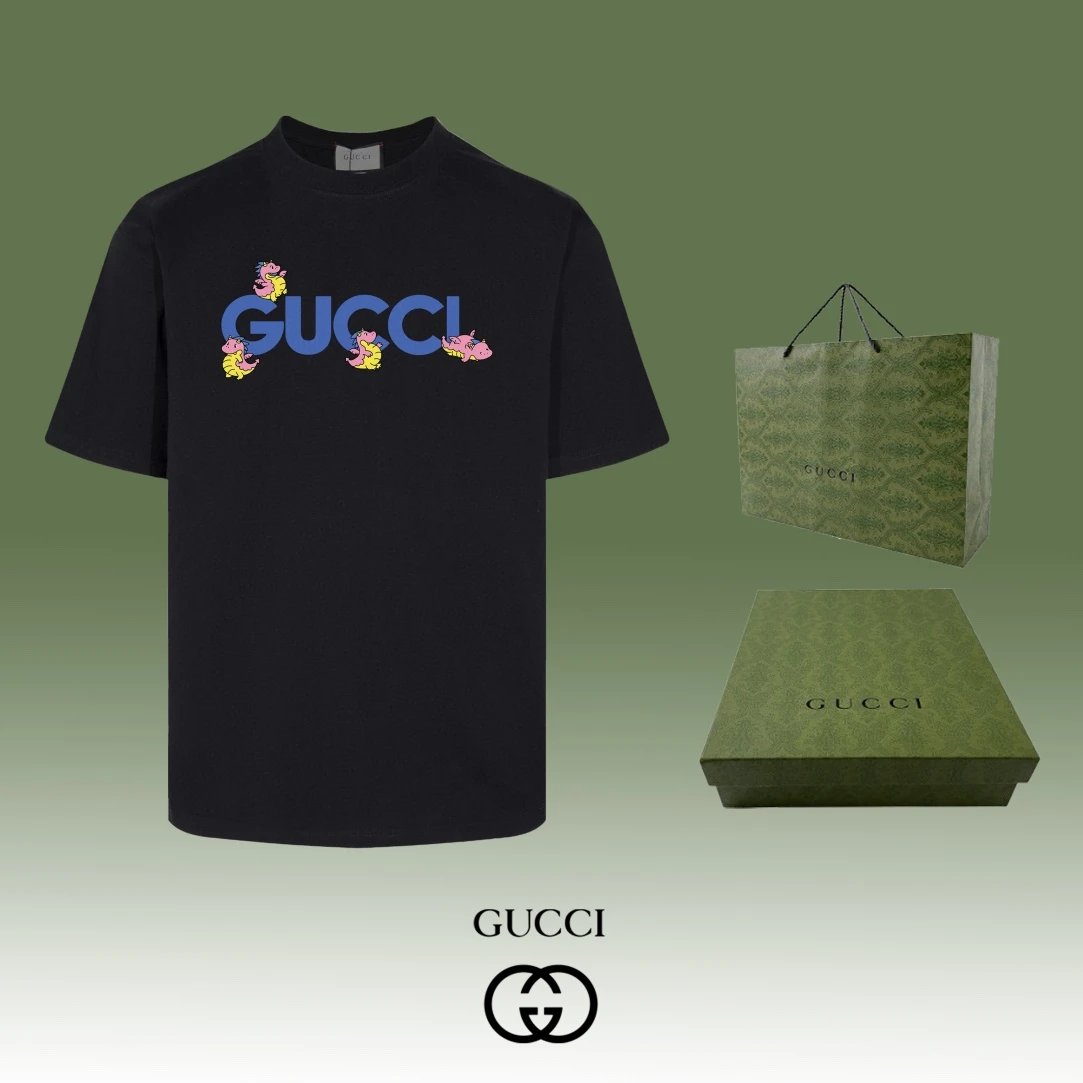 Gucci T-shirt Cartoon Letter Print on Chest logo round Neck Short Sleeve25ss New Pure Cotton Unisex Style T T-shirt OS Loose Fit Base Shirt Half Sleeve T-Shirt Top Half Sleeve