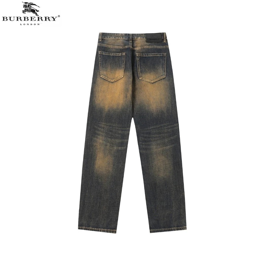 Burberry Jeans Nostalgic Style Back Waist Leather Label logo Straight Washed Blue Jeans Autumn Winter New Unisex Loose Casual Wide Leg High Waist Pants